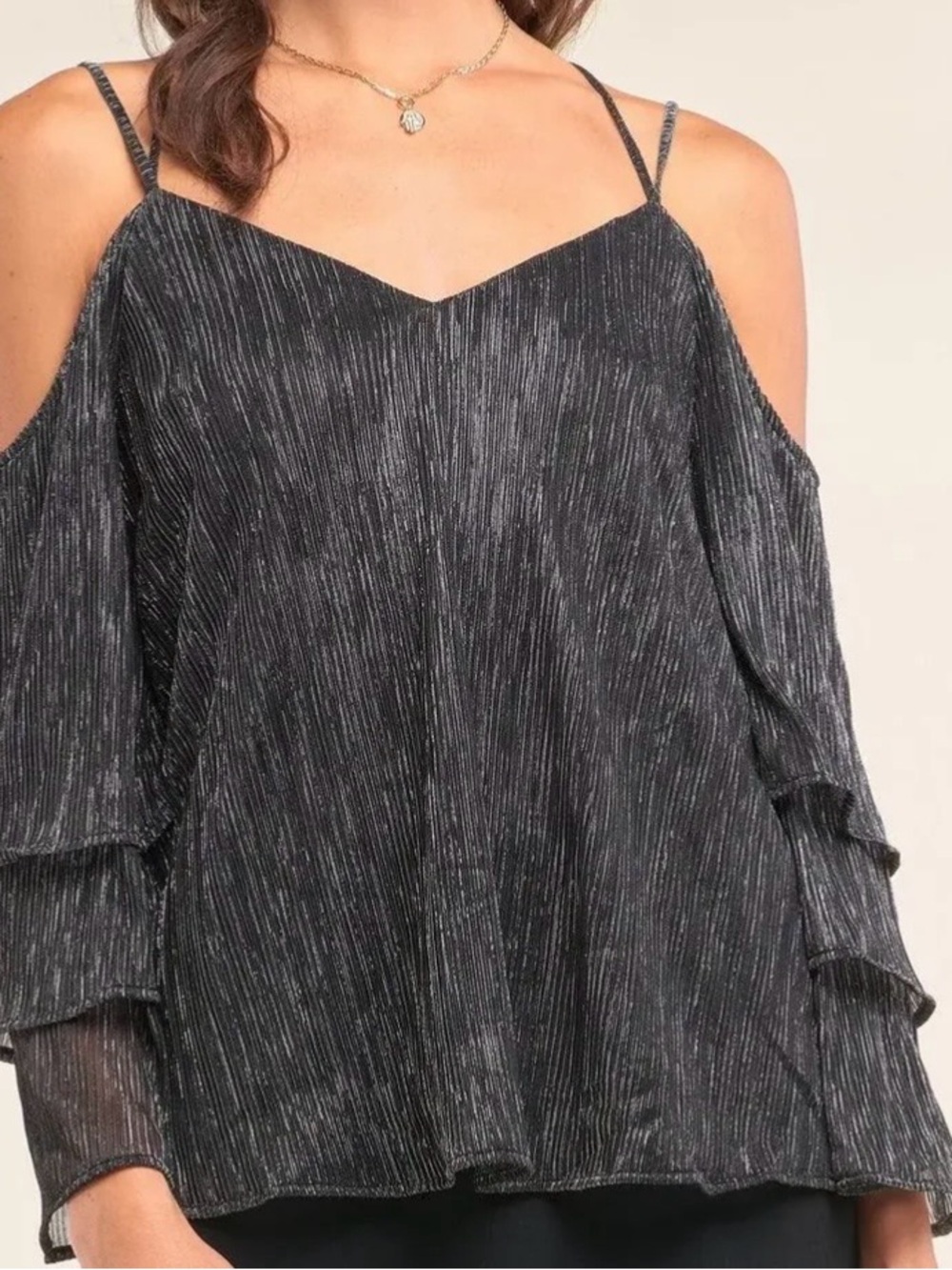 Sugarlips Black Metallic Cold-Shoulder Long Sleeve Top